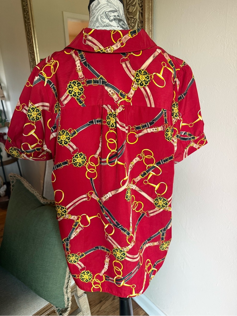 Vintage Roaman's 18W Equestrian Chain Belt Print Shirt Blouse Red 80s 90s Plus - Picture 2 of 3